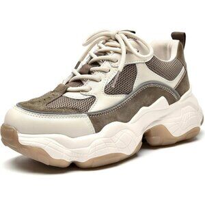 Women's Beige Chunky Sneakers Fashion Sneakers, Lace Up Platform Comfortable